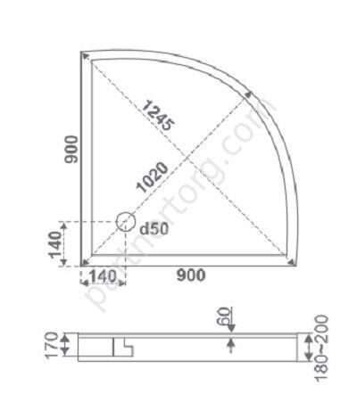 Плуто душевой поддон акриловый полукруглый низкий 90x90 Бас