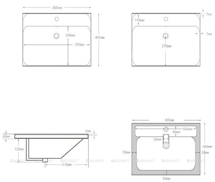 Flash 605*465*195 раковина накладная керамическая с отверстием под смеситель Aquanet