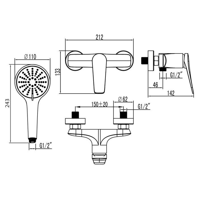Bronx LM3703GM, смеситель для ванны и душа, без излива, графит Lemark