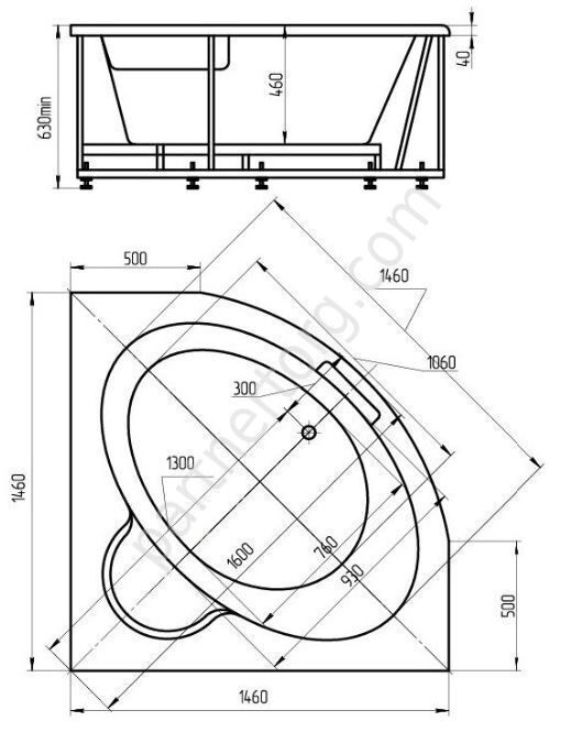 Калипсо ванна акриловая угловая Aquatek 146х146см с каркасом и сливом-переливом