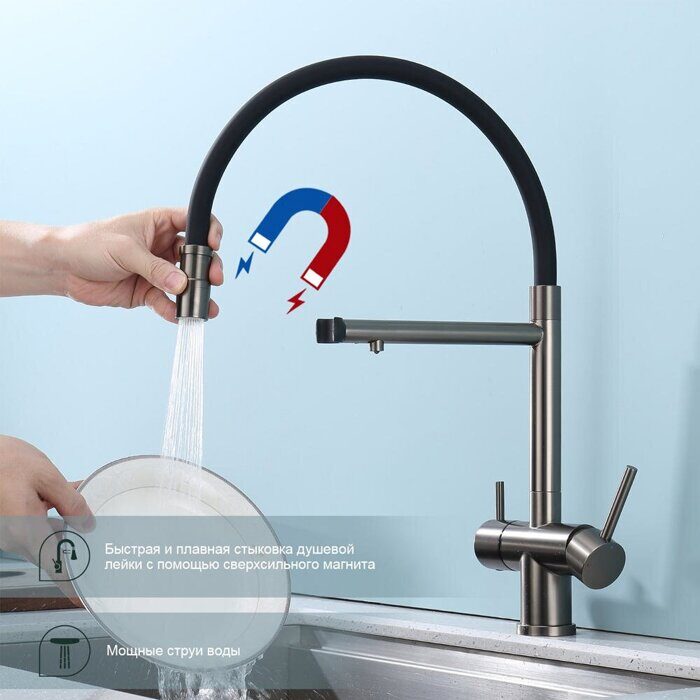 S70.63.09 Splenka Смеситель для кухни со съемным изливом на магните и подключением фильтра питьевой воды, графит