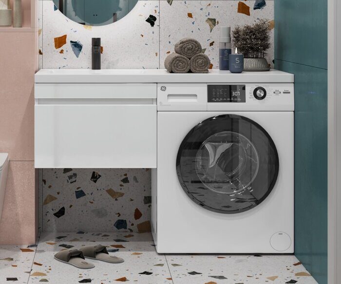 Urban 600-0-1 тумба подвесная белая для ванной комнаты с раковиной-столешницей над стиральной машиной Kamilla 120