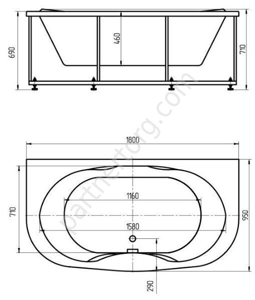Мелисса ванна акриловая овальная Aquatek 180х95см с каркасом и сливом-переливом