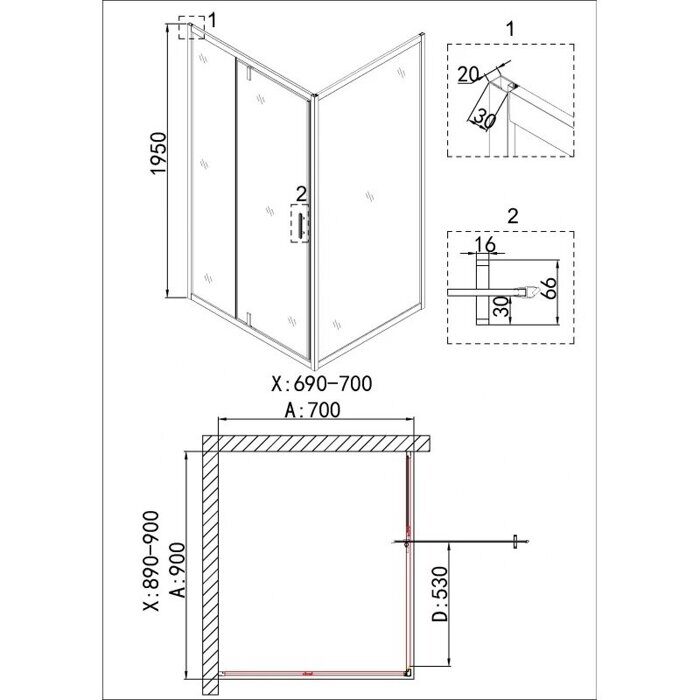 Niagara Nova NG-43-9AG-A70G душевое ограждение 90х70см, распашная дверь