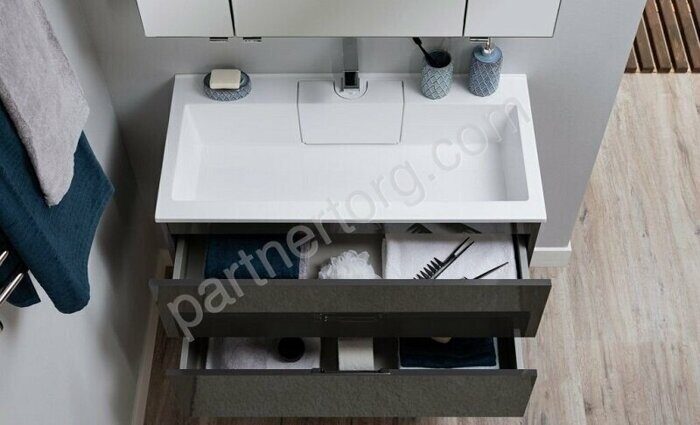 Алвита new 60 тумба серый антрацит подвесная для ванной комнаты 2 ящика с раковиной-столешницей Flat 60 Aquanet