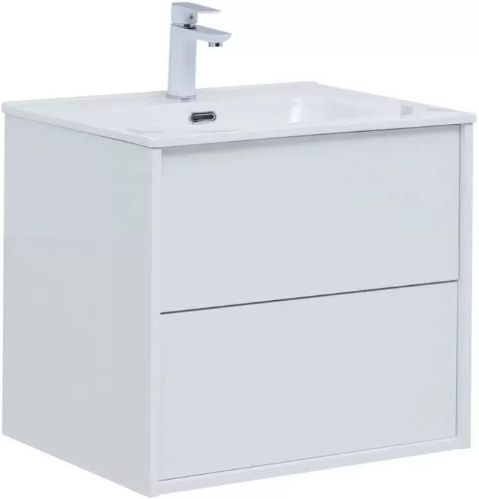 Lino 60 тумба белая глянцевая для ванной комнаты с раковиной-столешницей Flat 60 Aquanet