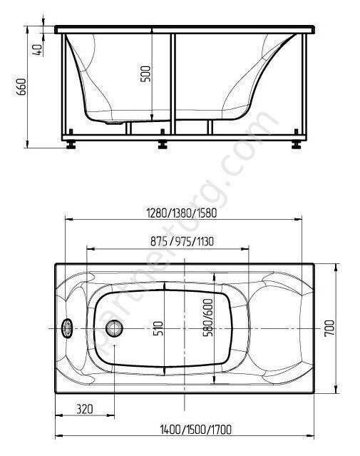 Альфа ванна акриловая Aquatek 170х70см с каркасом