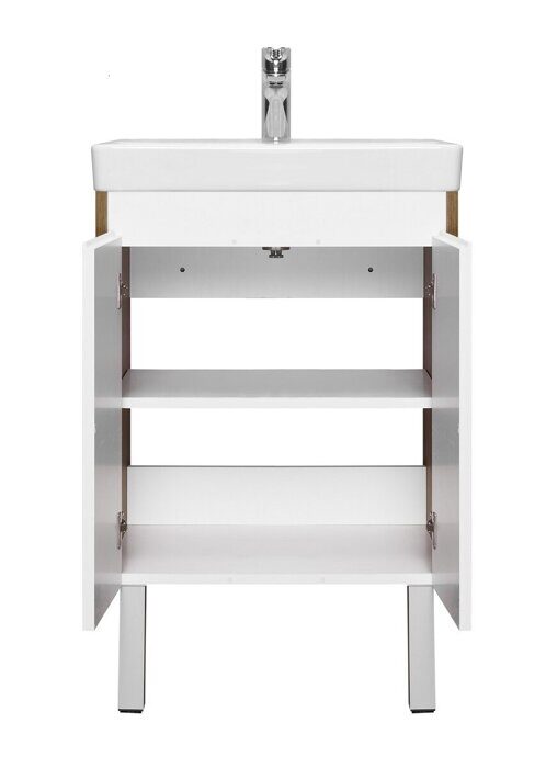 Сканди Doors 55 см тумба универсальная белая/дуб рустикальный для ванной комнаты с раковиной Адриана 55 Aquaton