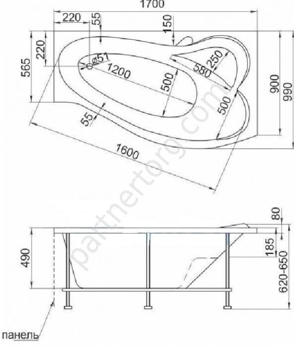 Грация ванна акриловая асимметричная 170х100 см MarkaOne