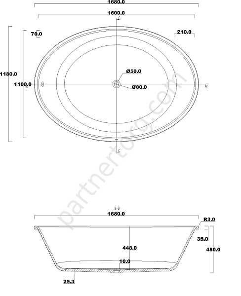 NSB-17120M ванна искусственный камень, размер 168x118 см