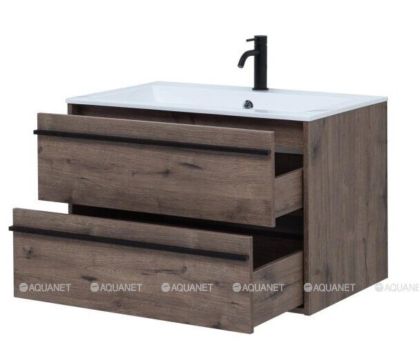 Lino 80 тумба дуб веллингтон для ванной комнаты с раковиной-столешницей Flat 80 Aquanet