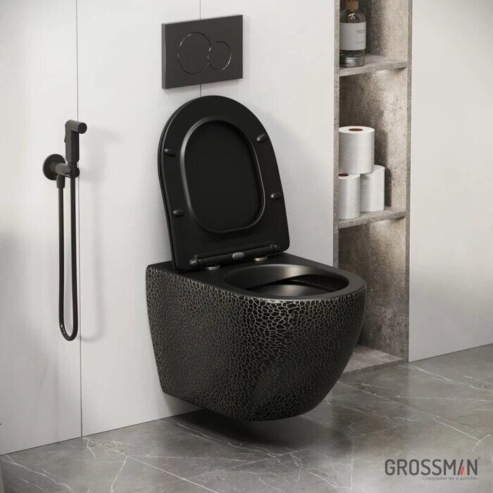 Grossman GR-4411BBLS подвесной безободковый унитаз черный Крокодил с сидением