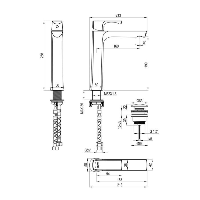 Ursus LM7209BG, смеситель для раковины монолитный, с донным клапаном, золото Lemark