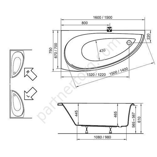 Avocado Ravak ванна акриловая асимметричная 150х75 см