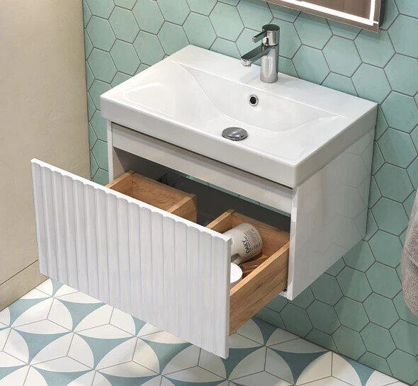 Compo 60.1Y Velvex подвесная тумба белая для ванной комнаты с керамической раковиной  9696-60