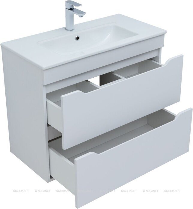 Практика 80 тумба белая матовая для ванной комнаты 2 ящика с раковиной-столешницей 80 cm (PRACTICO) Aquanet