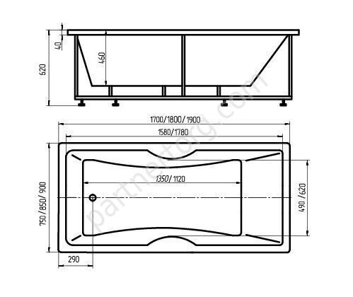 Феникс ванна акриловая 190х90 см Aquatek с каркасом и сливом-переливом