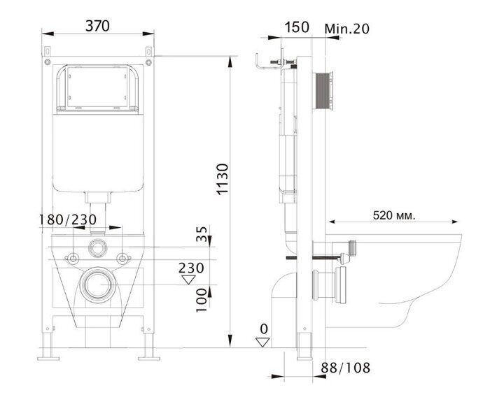 Standart 37см узкая инсталляция для подвесного унитаза Aquatek