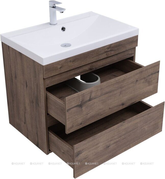 Нота new 75 тумба дуб веллингтон табак для ванной комнаты с раковиной-столешницей Нота 75 Aquanet