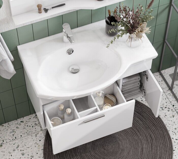 Инди 80 см тумба подвесная белая для ванной комнаты с раковиной Коралл 83 правое крыло Aquaton