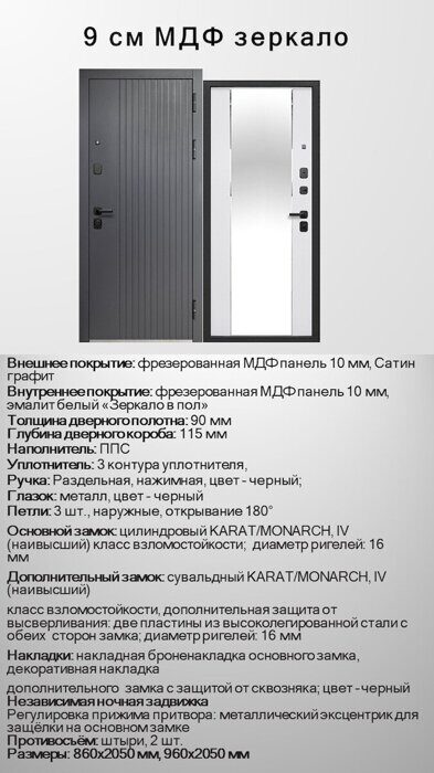 Зеркало Эмалит белый 9см дверь входная МДФ Сатин графит, МДФ Эмалит белый с зеркалом