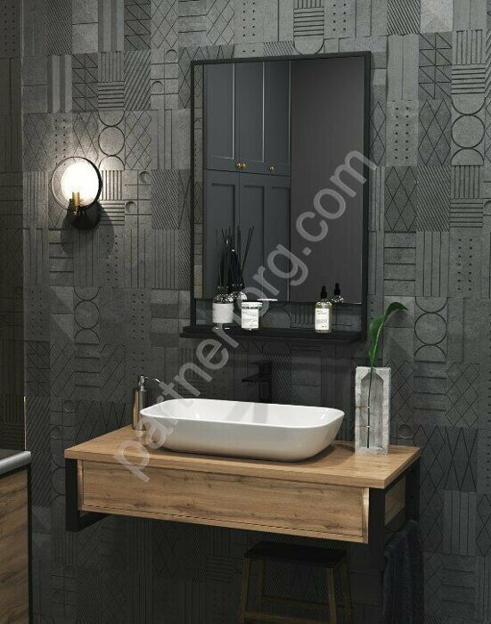 Grunge Loft 60П черное зеркало с полкой для ванной комнаты Marka One