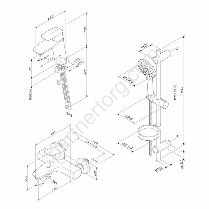 F40971A00 Spirit V2.1, набор 3в1: см-ль д/умывальника, см-ль д/ванны/душа, душевой комплект, шт.