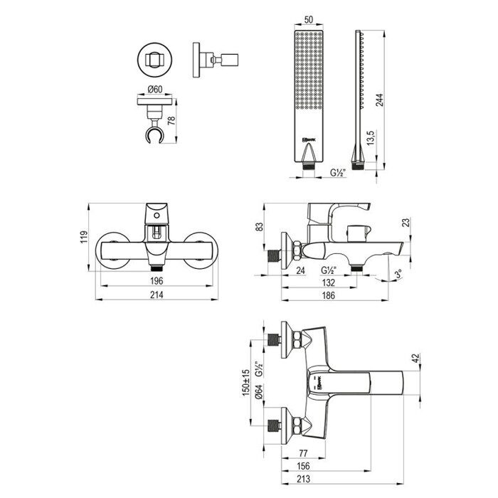 Ursus LM7214BG, смеситель для ванны и душа, с коротким монолитным изливом, золото Lemark