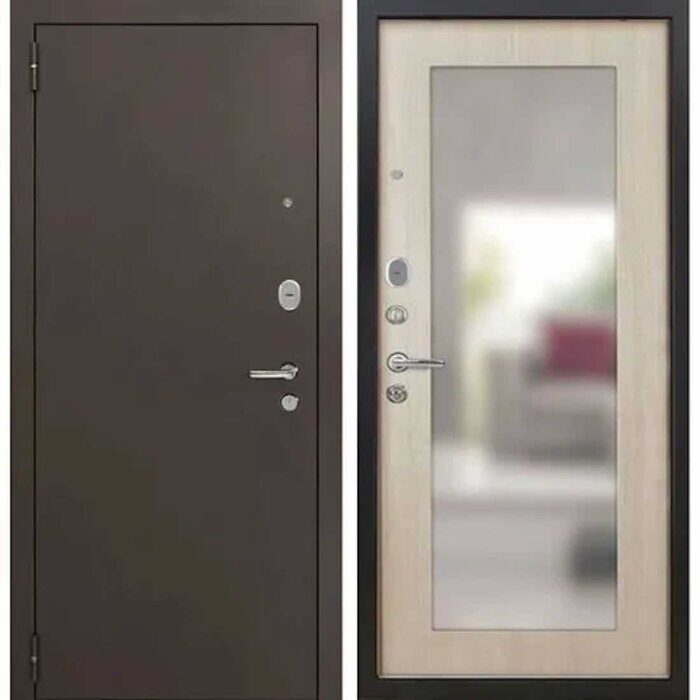 Леон зеркало дверь входная Антик темное серебро, Сандал белый с зеркалом