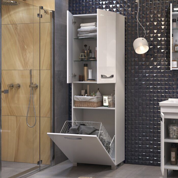 Plaza Vigo 600 напольный шкаф пенал 60 см.  с бельевой корзиной в ванную комнату