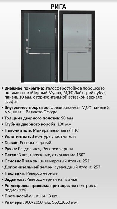 Рига дверь входная стальная Черный муар, МДФ Лайт грей нубук, МДФ Веллюто оскуро