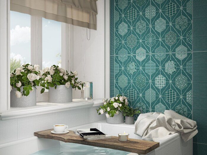 Devore Indigo Geometria декор сине-зеленый сатинированный 31х63см Azori