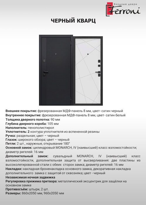 Черный кварц 7,5см дверь входная стальная МДФ Сатиин черный, МДФ Сатин белый