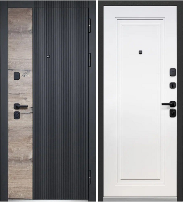 Luxor 2МДФ Дуб Вертикаль Нео дверь входная  Канадский дуб пацифик, Сатин черный, Эмалит белый