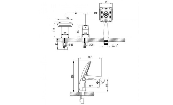 Unit LM4545C смеситель, встраиваемый на борт ванны, 3 отверстия, хром Lemark