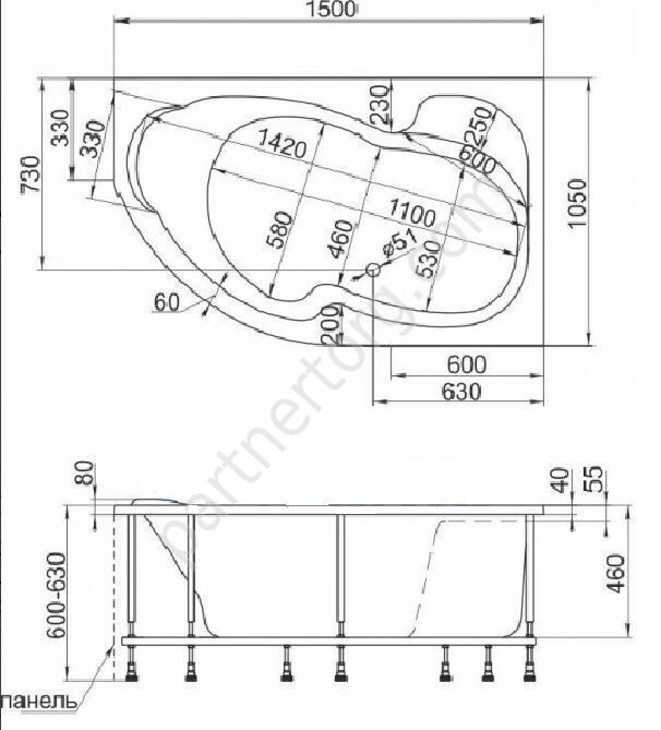 Аура ванна акриловая асимметричная 150х105 см MarkaOne