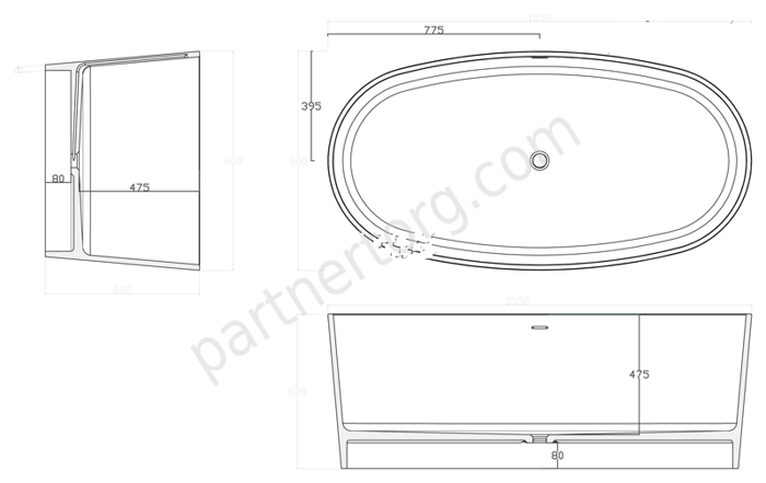 NSB-15800M ванна искусственный камень, размер 155x80 см