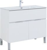 Алвита new 100 тумба напольная белая для ванной комнаты 1 ящик, 2 двери с раковиной Flat 100 Aquanet