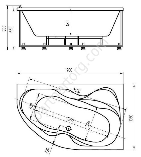 Вега ванна акриловая ассиметричная Aquatek 170х105см с каркасом и сливом-переливом