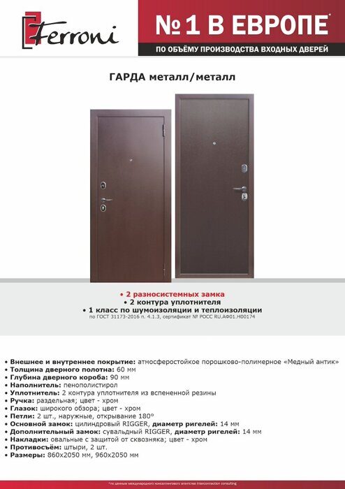 Гарда металл/металл ППС дверь входная Медный антик, Медный антик