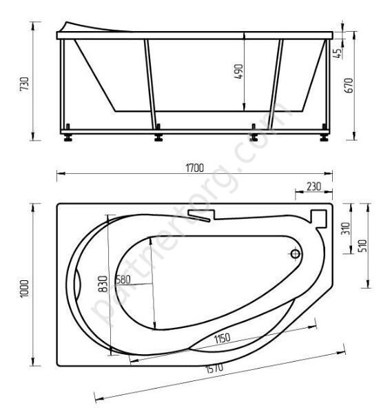 Таурус ванна акриловая ассиметричная Aquatek  170х100см с каркасом и сливом-переливом