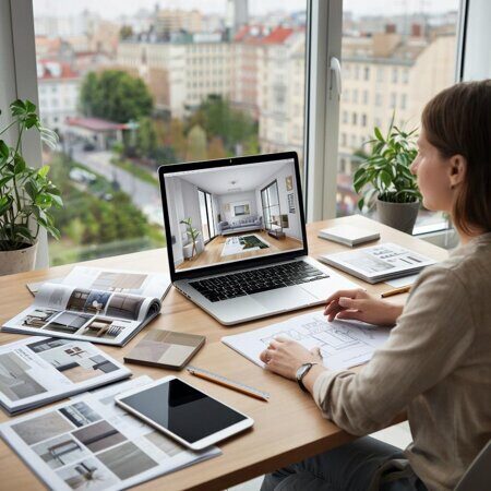 изображение дизайнер на компьютере определяет стиль ремонта будущей квартиры