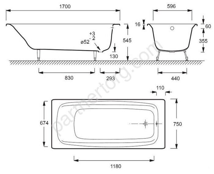 Diapason 170x75 Jacob Delafon ванна чугунная без противоскользящего покрытия  E2937-S-00