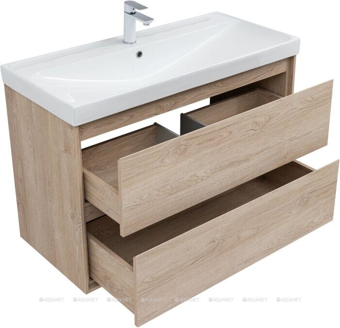 Милан 100 тумба дуб светлый для ванной комнаты с раковиной-столешницей Flat 100 Aquanet