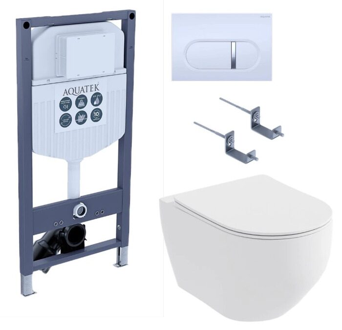 Set Aquatek Европа INS-023/KDI-042  унитаз безободковый с сидением, инсталляция с клавишей  белой