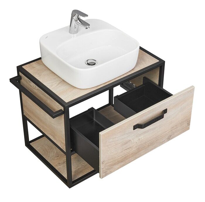 Лофт Фабрик 65 см тумба подвесная дуб эндгрейн для ванной комнаты со столешницей Aquaton