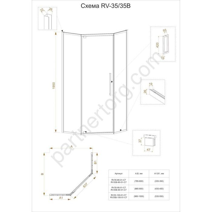 Rovigo RV-35B Veconi душевой уголок пятиугольный 100х100х195см с распашной дверью, профиль черный, стекло  6мм