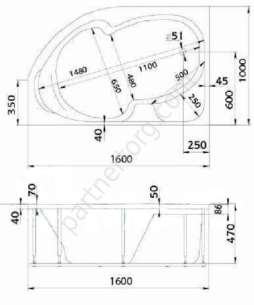 Диана ванна акриловая асимметричная 160х100 см MarkaOne