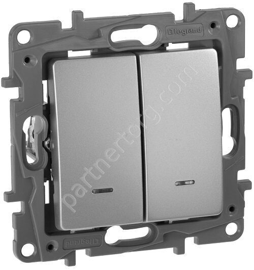 Legrand Etika выключатель 2-х клавишный 10АX 250В, с подсветкой, цвет алюминий