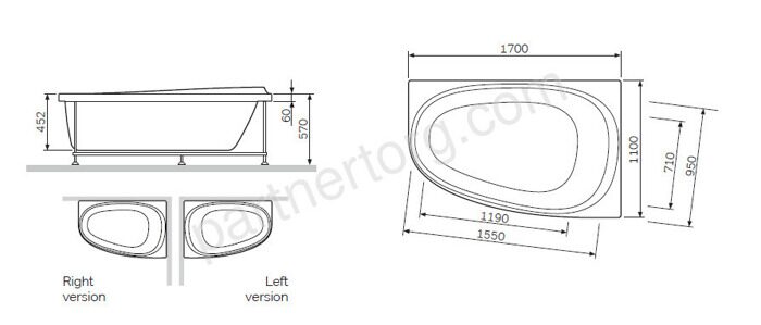 W30A-170R110W-D Sensation, ванна акриловая 170х110 см, правосторонняя, на каркасе, с фронтальной пан